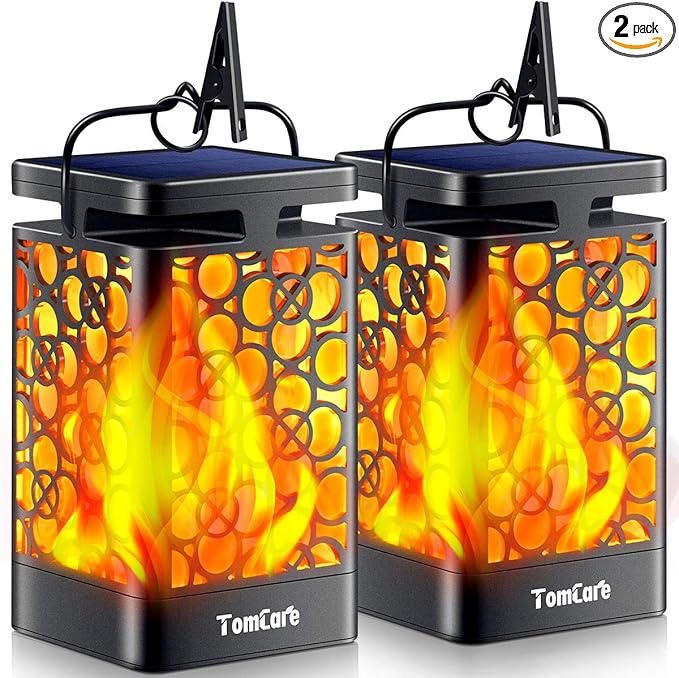 TomCare Solar Lanterns Outdoor Upgraded Flickering Flame Waterproof Hanging Lanterns Decorative Solar Powered LED Lights for Garden Patio Deck Yard, 2 Pack