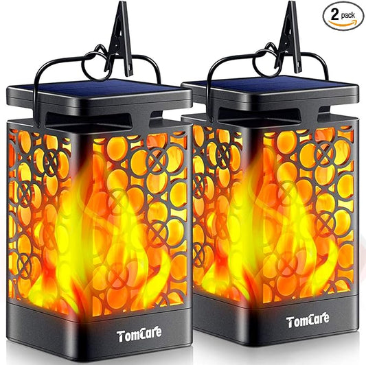 TomCare Solar Lanterns Outdoor Upgraded Flickering Flame Waterproof Hanging Lanterns Decorative Solar Powered LED Lights for Garden Patio Deck Yard, 2 Pack
