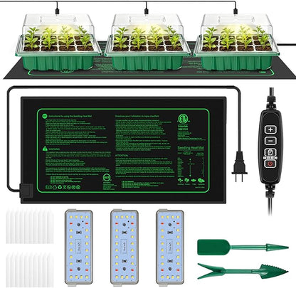 2026 Seed Starter Trays with Grow Lights and Heat Mat, 36 Extra Large Cells Plant Starting Kit, 4 Timing Set ,Humidity Domes Heightened Lids for Greenhouse Germination Seeds Growing Starting (3PACK)