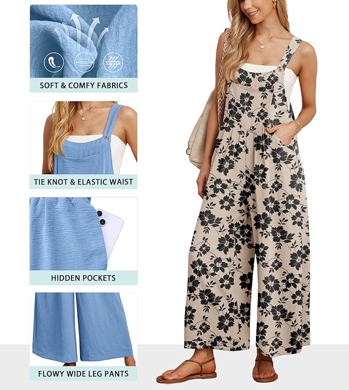 IWOLLENCE Women's Summer Jumpsuits Boho Wide Leg Overalls Casual Loose Rompers with Pockets 2025
