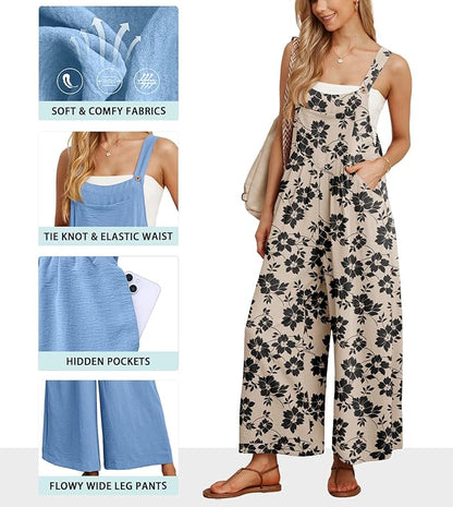IWOLLENCE Women's Summer Jumpsuits Boho Wide Leg Overalls Casual Loose Rompers with Pockets 2025