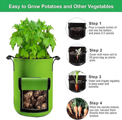 Potato Grow Bags,(5 Pack 10 Gallon) Garden Vegetables Growing Planter with Handles and Access Flap for Planting Potato Carrot Onion Taro Radish Peanut, (Green)