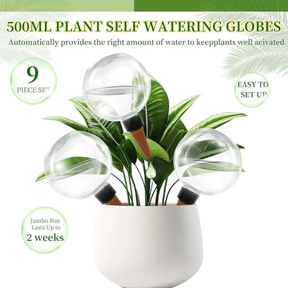 9 Pack Self Watering Globes for Indoor Plant Plastic Water Bulbs 17.5 oz Automatic Watering Planter Insert Top Fill with Slow Release Control Plants Watering Devices System, Water Spikes Stakes