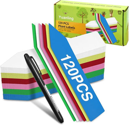 Plant Labels 120 Pcs Yuanling for Seeding Plastic Waterproof Plant Name Tags Garden Labels Marker Garden Pots Stakes for Outdoor Potted Plants Belt Permanent Marking Pen (6 Colors)