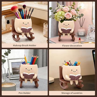 Rocking Chair Book Planter, Cute Smiley Face Succulent Plant Pots for Indoor Outdoor Plants, Unique Funny Flower Pots with Drainage Hole, Plant Gifts for Mother's Day, Birthday, Christmas