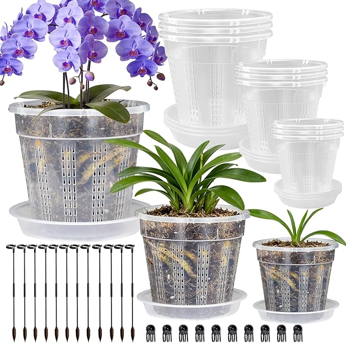 Orchid Pot with Saucers, 9 Pack Orchid Pots with Holes and 12Pcs Plant Stakes, 3 Each of 4.3",5.5",6.1" Clear Plastic Plant Pot for Indoor Outdoor Plants(3 Each of 4.3", 5.5", 6.1" + Saucers)