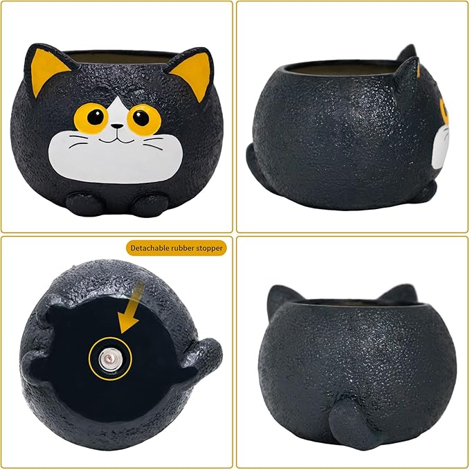 Black Cat Planter Pot - Unique Resin Succulent Planter with Drainage Hole, Funny Cat Plant Pots for Indoor Outdoor Plants, Cute Decorative Flower Pot Gift for Mother and Cat/Plant Lovers