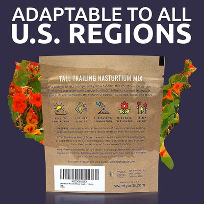 Nasturtium Seeds – Mixed Colors – Extra Large Packet – Over 200 Open Pollinated Non-GMO Flower Seeds – Tropaeolum majus