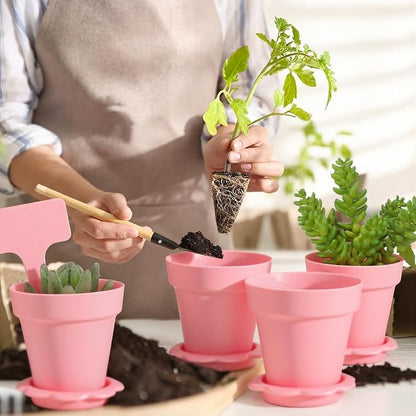 36 Packs Cupcake Plant Nursery Pots with Humidity Dome Small Flower Pots Plastic Planting Containers Cups with Saucers and Shovel for Indoor Outdoor Plant Succulent Display (Pink)