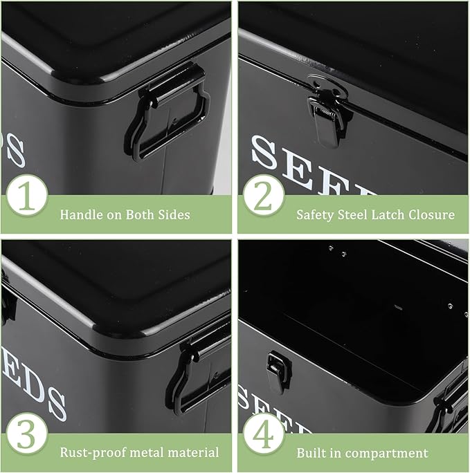 3 Dividers Seed Storage Box, Metal Seed Box Seed Storage Organizer with Safety Lock, Portable Garden Seed Bin, Professional All-in-one Kit, Black