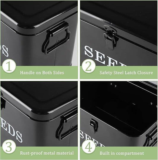 3 Dividers Seed Storage Box, Metal Seed Box Seed Storage Organizer with Safety Lock, Portable Garden Seed Bin, Professional All-in-one Kit, Black