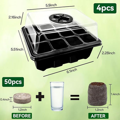 Halatool 4 Pack Seed Starter Tray with 50 PCS Peat Pellets, 48 Cells Black Seeding Starter Trays for Organic Seed Starter Soil Pods for Planting Vegetables Plants Flowers - Starting Seeds Kit