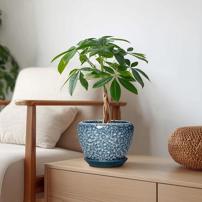 Ceramic Plant Pots - 6 Inch Planter with Drainage Hole and Tray, Decorative Plant Pots for Indoor Outdoor Plants, Round Modern Flower Pot, Home Decor, Gifts for Men Women, Stone Blue