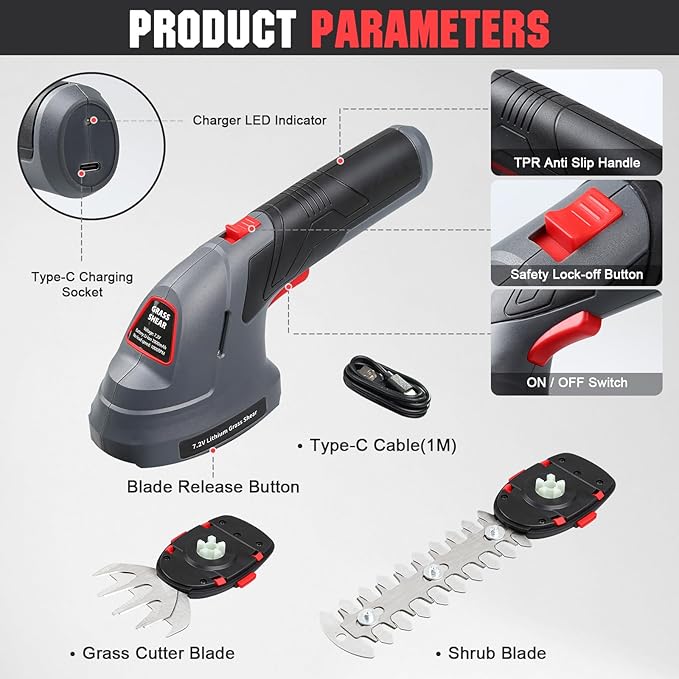 Cordless Grass Shear & Hedge Trimmer, 2 in 1 Handheld Bush Trimmer, 7.2V Electric Shrub Trimmer/Grass Cutter with Type-C Cable and Rechargeable Lithium-Ion Battery