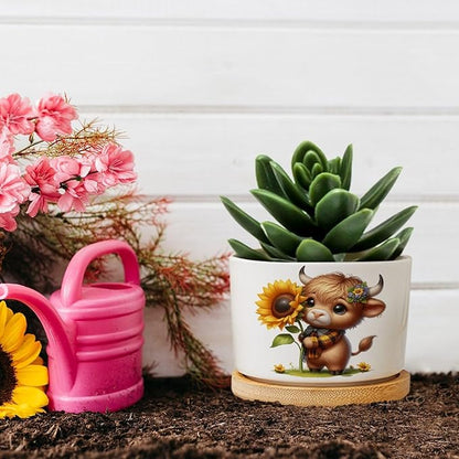 DreamAutumn Easter Highland Cow Planter Ceramic Round Plant Pots with Drainage Holes and Bamboo Tray Planting Small Flower Pots for Home Windowsill Desk Garden Indoor Outdoor Use