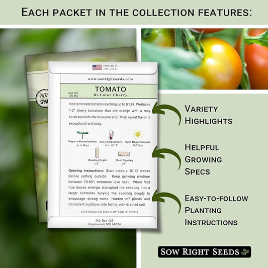 Sow Right Seeds - Cherry Tomato Seed Collection for Planting - Black, Large Red, White, Orange, Bi-Color Cherry and Yellow Pear Tomatoes - Non-GMO Heirloom Varieties to Plant a Home Vegetable Garden