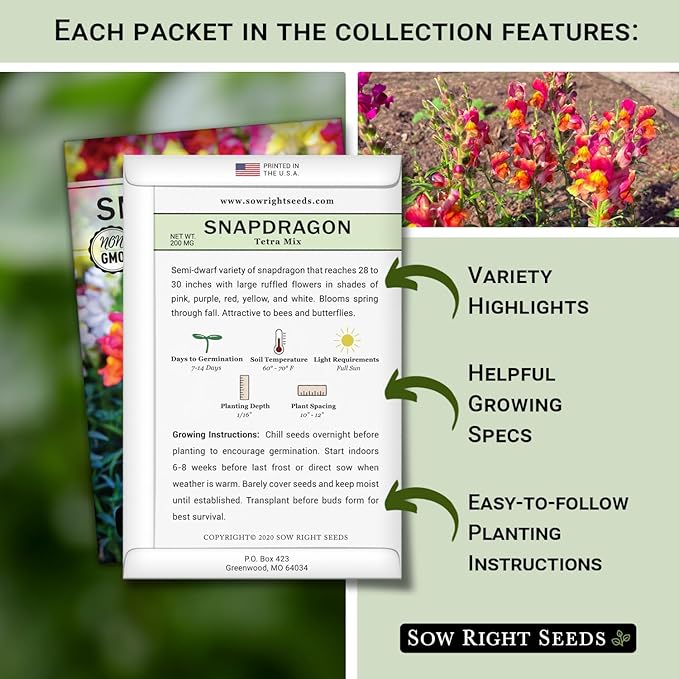 Sow Right Seeds - Snapdragon Seed Collection for Planting - Includes Tetra Mix, Large Mix & White Snapdragons - Non-GMO Heirloom Varieties - Grow Vibrant Snap Dragons - Ideal Flowers for Gardens