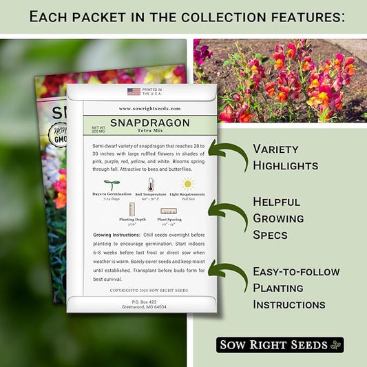 Sow Right Seeds - Snapdragon Seed Collection for Planting - Includes Tetra Mix, Large Mix & White Snapdragons - Non-GMO Heirloom Varieties - Grow Vibrant Snap Dragons - Ideal Flowers for Gardens