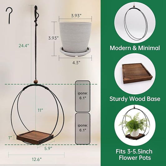 Hanging Planter for Indoor Plants,Plant Hanger with Sturdy Wood Base & Pot, Modern Boho Macrame Plant Hanger,Wall Ceiling Window Stands(2 Pack+Pots)