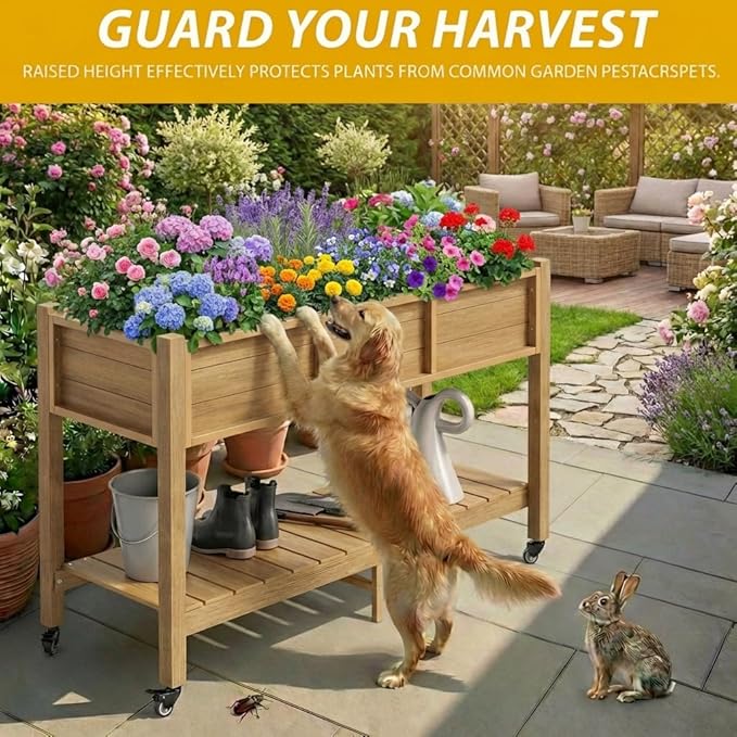DWVO 47x18x31in Raised Garden Bed Outdoor HDPE with Legs and Lockable Wheels, Weather-Resistant Poly-Wood Elevated Planter Box, Double Tier Planters for Backyard Patio Balcony, Brown