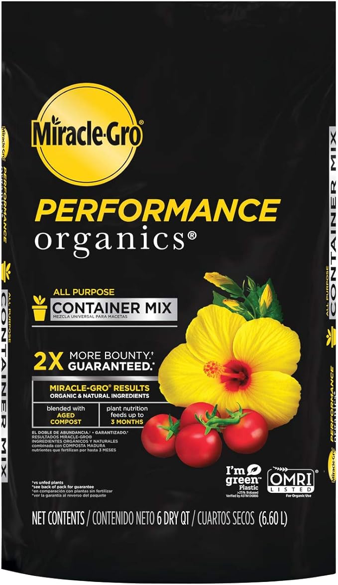 Miracle-Gro Performance Organics All Purpose Container Mix, 6 qt. - Organic, All Natural Plant Soil - Feed for up to 3 Months - All-Purpose Formula for Vegetables, Flowers and Herbs