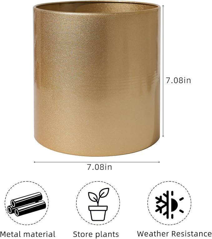Metal Plant Pot with Drainage Hole,Mid Century Modern 7 inch Round Pot Indoor Outdoor Planters for Decorative Pots of Tabletop Living Room Bedroom Gold