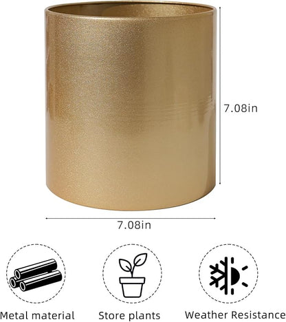 Metal Plant Pot with Drainage Hole,Mid Century Modern 7 inch Round Pot Indoor Outdoor Planters for Decorative Pots of Tabletop Living Room Bedroom Gold