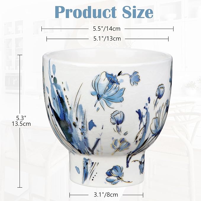 5.5 Inch Decorative Flower Pots, Blue and White Plant Pot Gold Accent Ceramic Planters for Indoor Plants Pots with Drainage Retro Planter Pot for Succulents Cactus Herb Snake Plants Outdoor Garden