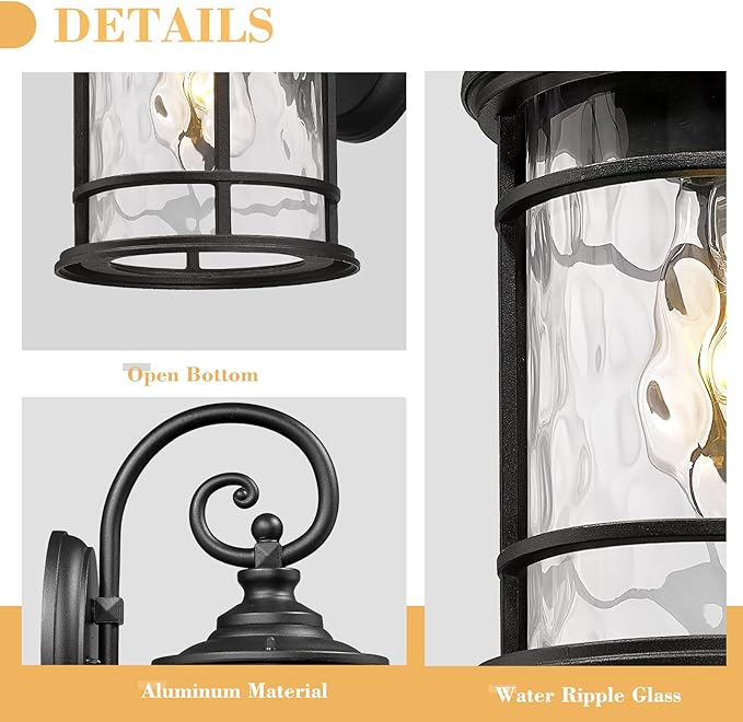 Emliviar Farmhouse Outdoor Light Fixture, 15.5" Exterior Lighting Fixtures with Water Ripple Glass, Die-Casting Aluminum in Black Finish, XE229B-WG BK