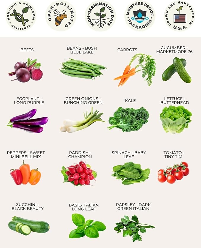Tactiko Survival 15 Vegetable Seed Kit Varieties for Small Urban Garden, Balconies & Patios - Non-GMO, Heirloom - Popular USA-Grown Dwarf Seeds for Planting Vegetables - Indoor, Outdoor