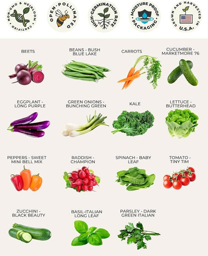 Tactiko Survival 15 Vegetable Seed Kit Varieties for Small Urban Garden, Balconies & Patios - Non-GMO, Heirloom - Popular USA-Grown Dwarf Seeds for Planting Vegetables - Indoor, Outdoor
