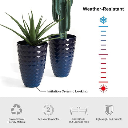 Glitzhome 19.75"H Tall Planters for Outdoor Plant,Tall Outdoor Planters with Drainage Holes,Faux Ceramic Diamond Textured,Large Gradient Cobalt Blue Planter Garden Flower Pots for Porch,Patio,Set of 2