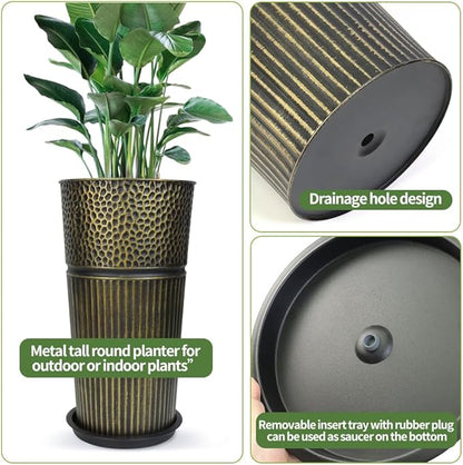 2 Pcs Pack 25 Inches Metal Tall Tapered Planter Pots Large Galvanized Steel Round Planter Flower Pot with Drainage Holes for Indoor Outdoor Deck Porch Garden Home Patio Front Door (antique bronze, M)