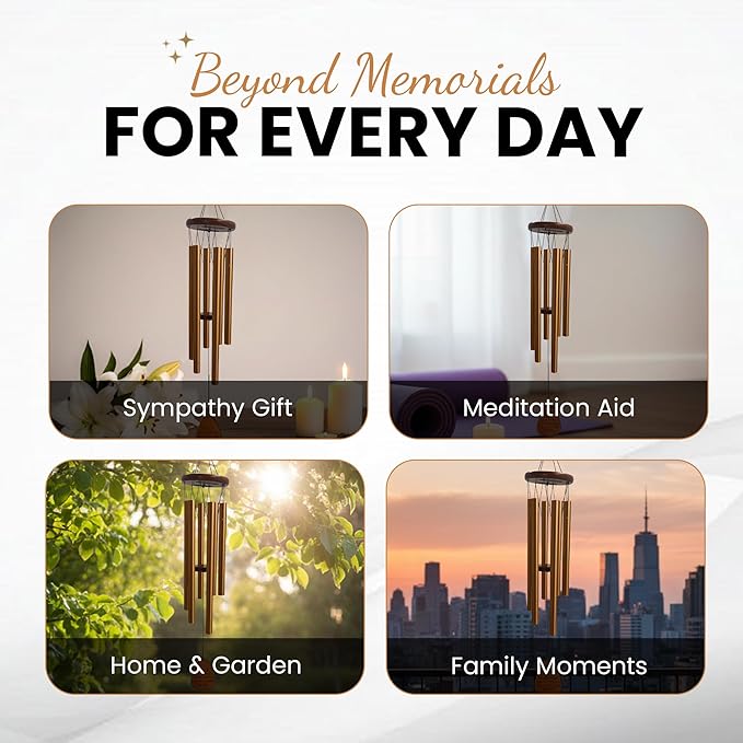 Memorial Wind Chimes for Outside Clearence - Teardrop Pendant, Deep Toned Aluminum Tubes & Pine Wood, Sympathy Gift for Loss, Letter from Heaven & Keepsake Keychain, Garden Porch Decor - Gold