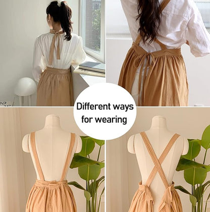 Cute Retro Cotton Linen X-Back Aprons Home Kitchen Garden Art Painting Pinafore Florist Shop Overalls