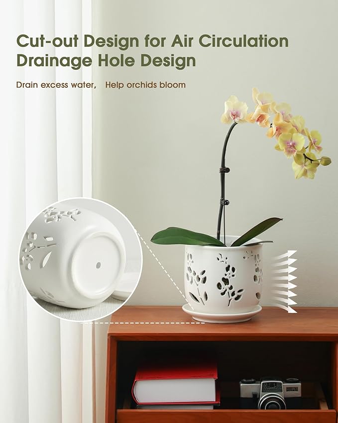 Orchid Pot, 6.5 inch Large Orchid Pots with Holes for Healthy Growth and Easy Repotting, Premium Ceramic Orchid Planter for Indoor and Outdoor Use, (Note : Plant Not Included)