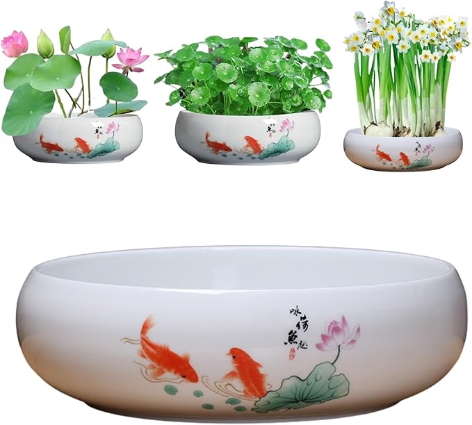Lotus Bowl Planter, Ceramic Water Lily Bowl, Hydroponic Bonsai Lotus Bowls for Water Plants Indoor, Succulent Pots, Leak-Proof Design, Ode to Lotus and Fish Delight (7.68in*3.15in)