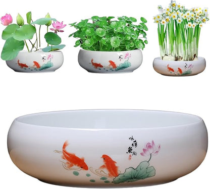 Lotus Bowl Planter, Ceramic Water Lily Bowl, Hydroponic Bonsai Lotus Bowls for Water Plants Indoor, Succulent Pots, Leak-Proof Design, Ode to Lotus and Fish Delight (7.68in*3.15in)