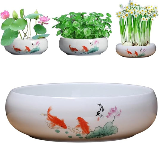 Lotus Bowl Planter, Ceramic Water Lily Bowl, Hydroponic Bonsai Lotus Bowls for Water Plants Indoor, Succulent Pots, Leak-Proof Design, Ode to Lotus and Fish Delight (7.68in*3.15in)