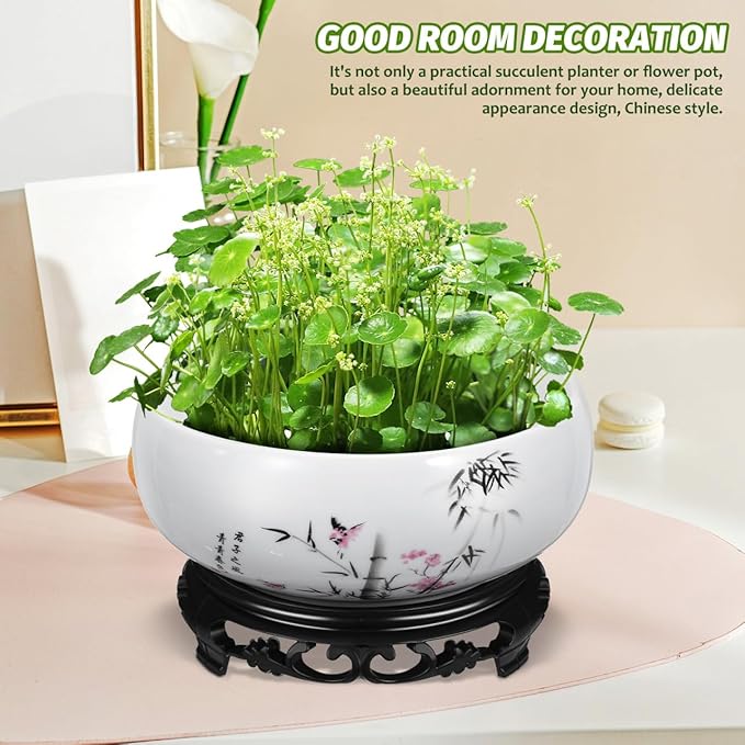 Veemoon Ceramic Hydroponic Bowl Water Lily Planter Round Succulent Plant Pot Chinese Lotus Flower Pot with Plastic Base Bonsai Plant Container for Indoor Outdoor Garden Home Office (6.8 * 3.93 Inch)