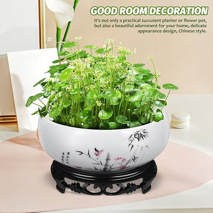Angoily Lotus Bowl Planter, Water Lily Bowl, Water Lily Pot, Ceramic Planter Pot, Round Ceramic Hydroponic with Plastic Base, Classic Pottery Container for Indoor Plant Storage Decorative Home Office