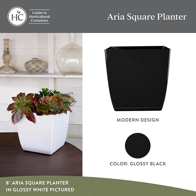 The HC Companies 6 Inch Aria Square Planter - Plastic Plant Pot for Indoor Outdoor Plants Flowers Herbs, Glossy Black