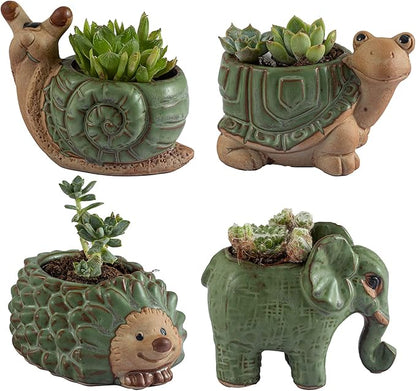 Small Succulent Pots with Drainage, Indoor/Outdoor Ceramic Animal Planter, Cute Cactus/Bonsai Small Flower Pots for Home Decor and Office Desk Decoration, A Set of 4 Pieces is Suitable as A Gift