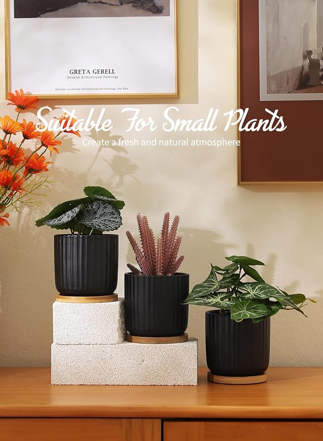 TAMAYKIM 4 Inch Small Plant Pots Indoor, Ceramic Flower Pot with Drainage Hole and Tray, Modern Vertical Pattern Planter for Succulents, Snake Plant, Aloe, Herbs, Black, Set of 4