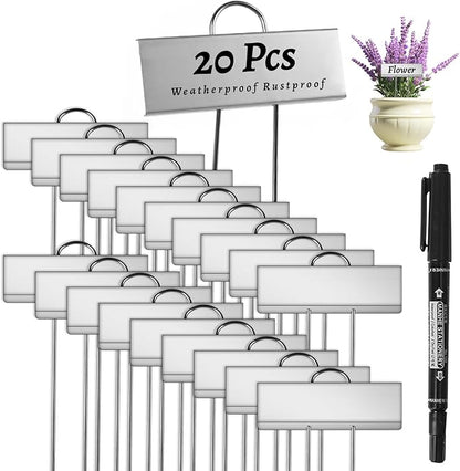 20 PCS Metal Plant Labels for Outdoor Garden Weatherproof, Reusable Metal Plant Markers, for Plants Herb Seedlings Flowers (Silver)