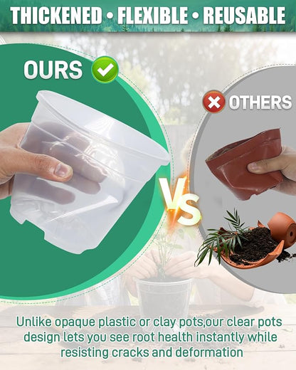 6 Pack Clear Nursery Pots with Drainage 9.5/8/7.5/6.7/5/4.5 Inch Nursery Pots with Saucers Transparent Seedling Pots Including Plant Labels Seed Starting for Indoor Outdoor Home Gardening