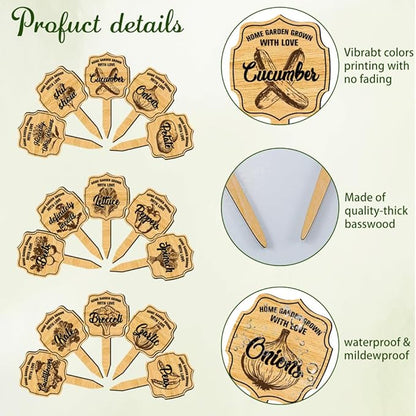 arricraft 15 Pcs Plant Labels, Wooden Markers Irregular Circle Tags Garden Labels with Printed Retro Pattern Wood Garden Stakes for Indoor and Outdoor Potted Vegetable Seed