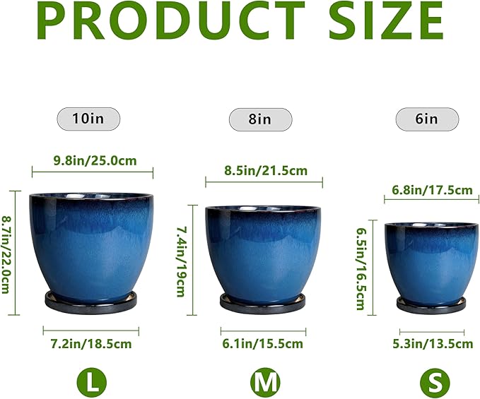 Ceramic Plant Pots 3 Pack - 10 Inch 8 Inch 6 Inch Round Modern Planters with Drainage Holes and Saucers, Flower Pots for Indoor Outdoor, Room Garden House Decor, Gift for Women Men, Blue