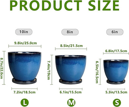 Ceramic Plant Pots 3 Pack - 10 Inch 8 Inch 6 Inch Round Modern Planters with Drainage Holes and Saucers, Flower Pots for Indoor Outdoor, Room Garden House Decor, Gift for Women Men, Blue