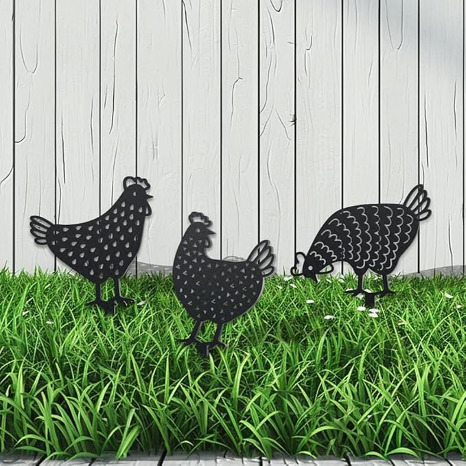 WADORN 3Pcs Chicken Metal Decorative Garden Stakes, Adorable Hen Silhouette Metal Outdoor Statues Animals Garden Ornament Gifts Black Yard Art Decoration for Outdoor Backyard Patio Lawn Walkways
